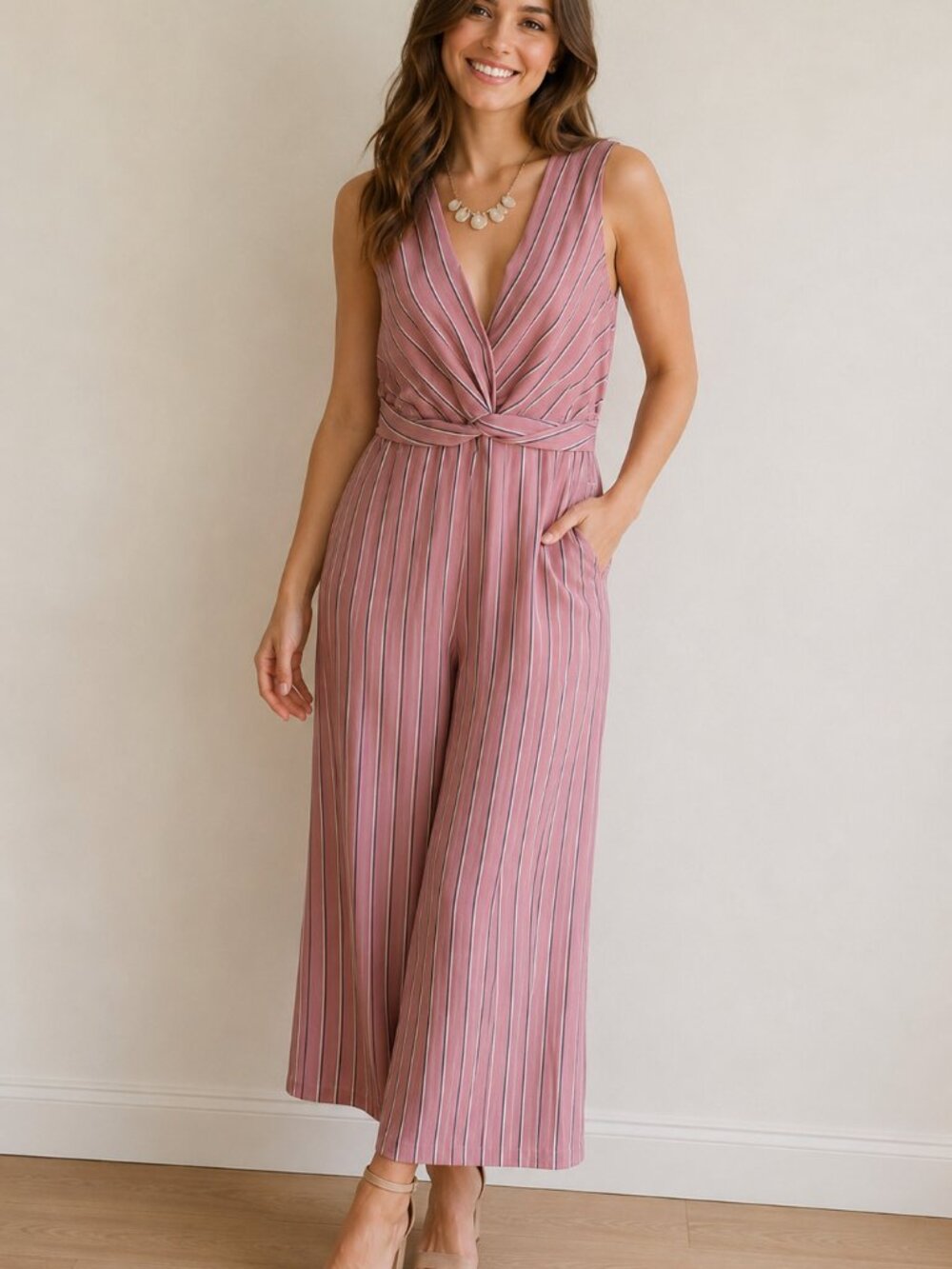 NWT June & Hudson V-neck Gathered Waist Pink Jumpsuit Women's Size Medium